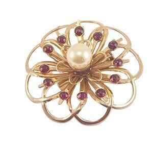 Coro Vintage Gold Flower Brooch With Faux Pearl and Purple Rhinestone Accents